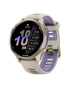Garmin Forerunner® 970 Running Smartwatch with GPS, Soft Gold Titanium with French Gray Case and French Gray/Translucent Indigo Band