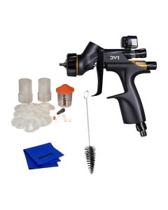 DeVilbiss DV1 Clearcoat Gauged Spray Gun Kit with Tips, DeKups Demo Kit, Brush & Microfiber Cloth