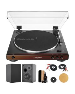 Audio-Technica AT-LP60X-BW Brown & Black Finish Turntable, 4-Inch Speakers, Cork Mat & Cleaning Kit