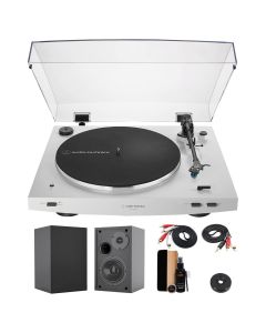 Audio-Technica LP3XBT-WH White Bluetooth Turntable Set with Black Bookshelf Speakers & Cleaning Kit