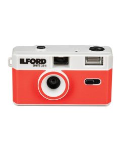 Ilford Sprite 35-II Reusable 35mm Film Camera with 31mm f/9 Lens and Built-In Flash, Silver and Red