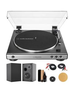 Audio-Technica LP60X-GM Gunmetal Turntable Set: 4-Inch Bookshelf Speakers, Cork Mat & Cleaning Kit