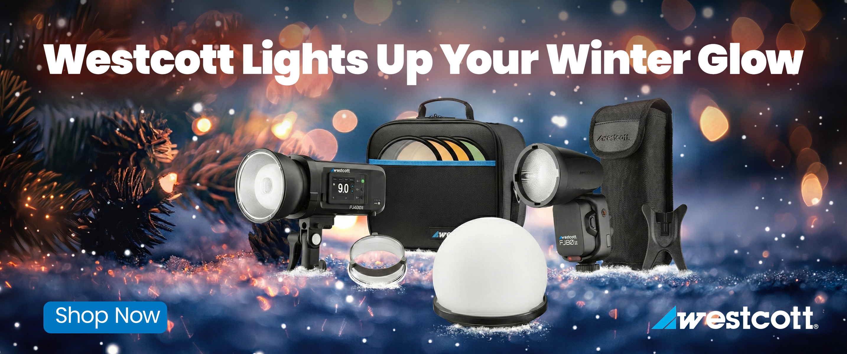 Westcott professional photography lighting kit with portable strobes, modifiers, and lighting accessories creating a winter glow scene for studio photography